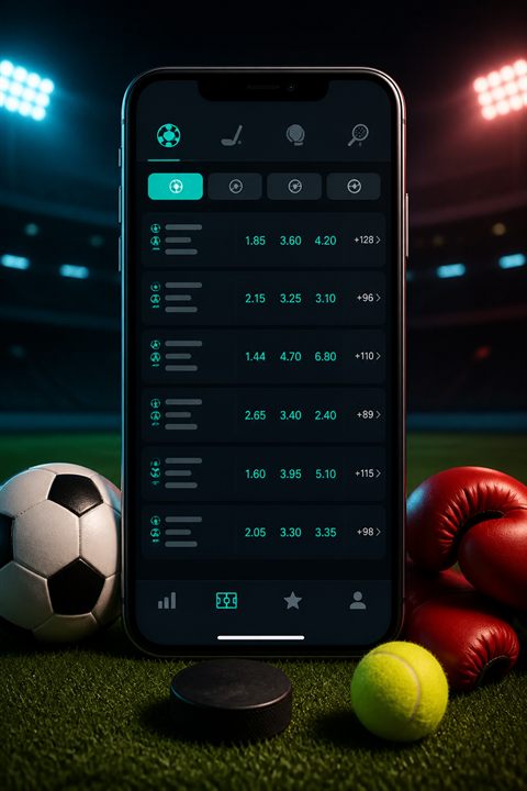 Pin-Up приложение для ставок на спорт: смартфон на газоне, мяч, шайба, теннисный мяч и перчатки